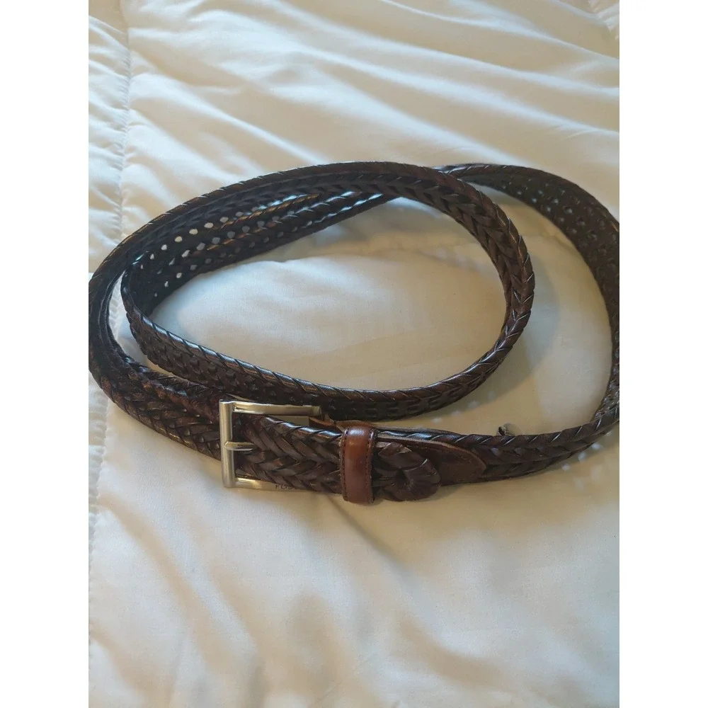 Fossil Brown Mens 42 Braided Leather Brown Adjustable Woven Classic